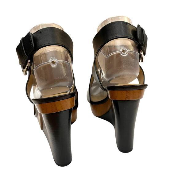 Michael Kors Josephine Wedge Sandals Size 7M Black Leather Wood Look Open Toe - Picture 4 of 12